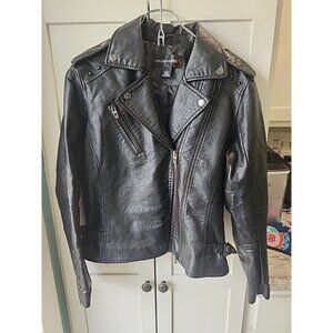 Colleen Lopez Black Studded Moto Biker Double Zip Jacket Sz S FAUX LEATHER